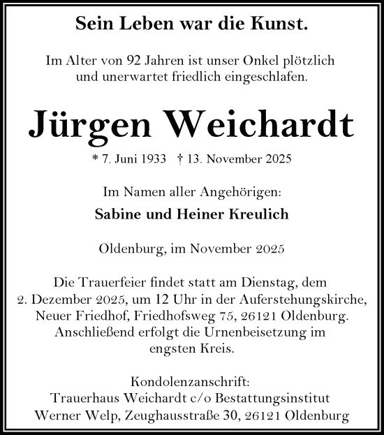 Traueranzeige von Jürgen Weichardt von Nordwest-Zeitung