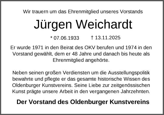 Traueranzeige von Jürgen Weichardt von Nordwest-Zeitung