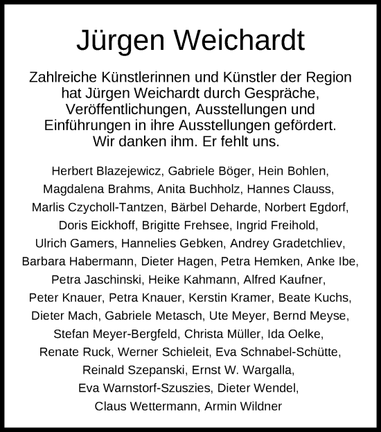 Traueranzeige von Jürgen Weichardt von Nordwest-Zeitung
