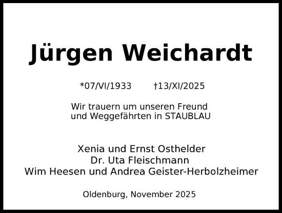 Traueranzeige von Jürgen Weichardt von Nordwest-Zeitung