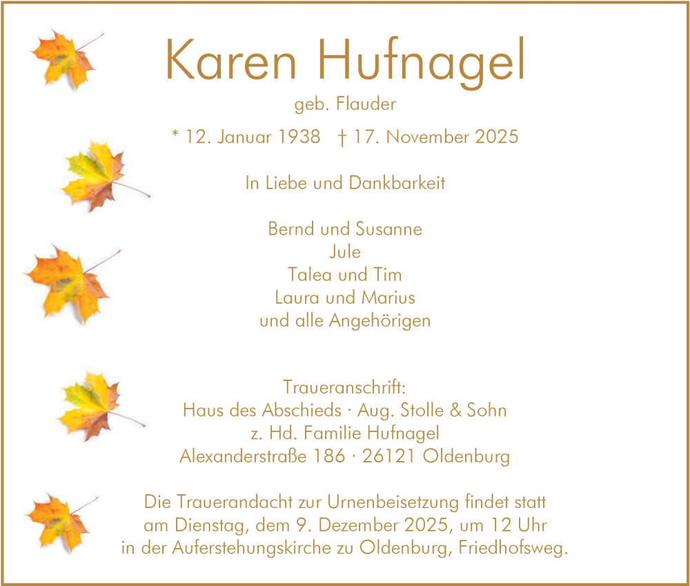  Traueranzeige für Karen Hufnagel vom 22.11.2025 aus Nordwest-Zeitung