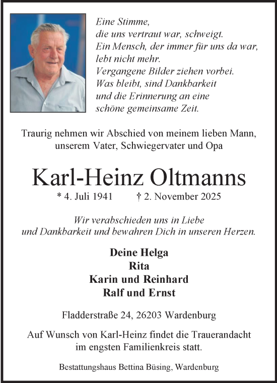 Traueranzeige von Karl-Heinz Oltmanns von Nordwest-Zeitung