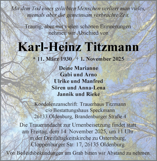 Traueranzeige von Karl-Heinz Titzmann von Nordwest-Zeitung