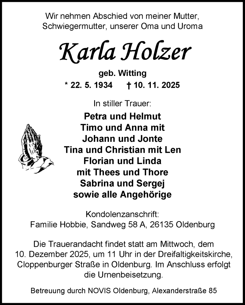  Traueranzeige für Karla Holzer vom 29.11.2025 aus Nordwest-Zeitung