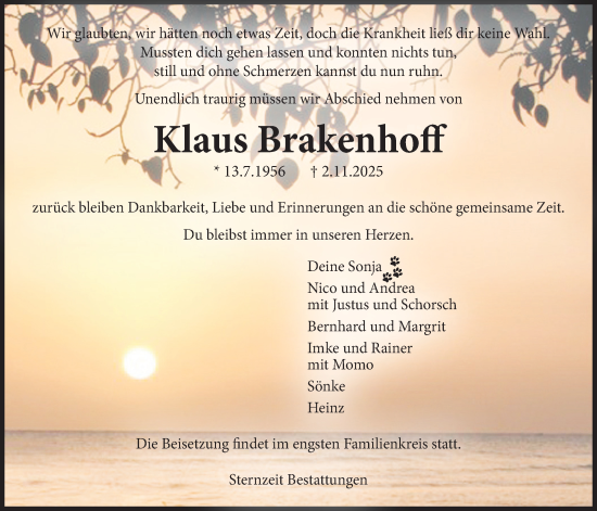 Traueranzeige von Klaus Brakenhoff von WZ/JW/AH
