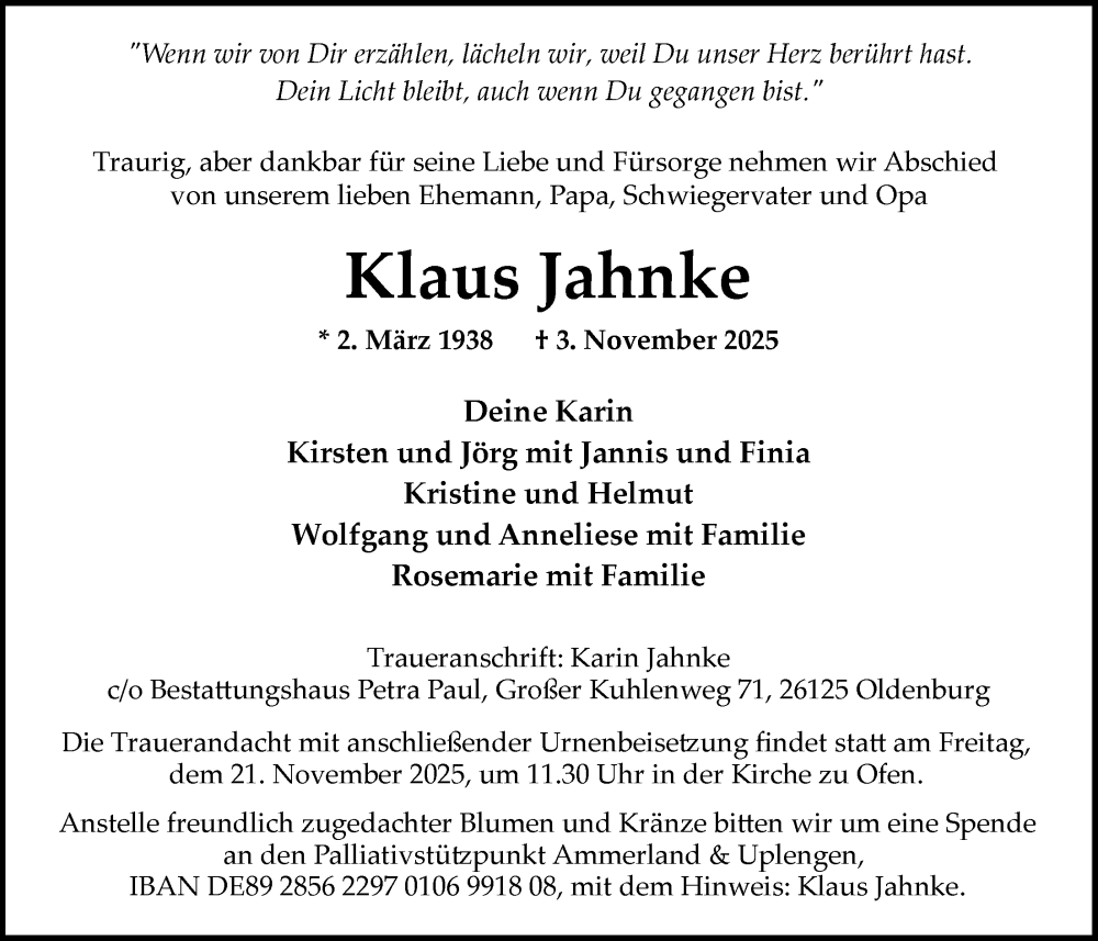  Traueranzeige für Klaus Jahnke vom 08.11.2025 aus Nordwest-Zeitung