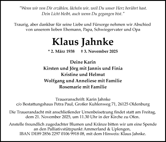 Traueranzeige von Klaus Jahnke von Nordwest-Zeitung