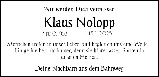 Traueranzeige von Klaus Nolopp von Nordwest-Zeitung