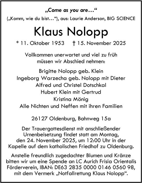 Traueranzeige von Klaus Nolopp von Nordwest-Zeitung