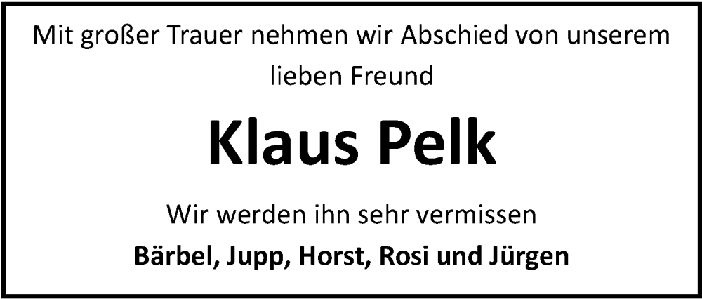  Traueranzeige für Klaus Pelk vom 15.11.2025 aus Nordwest-Zeitung