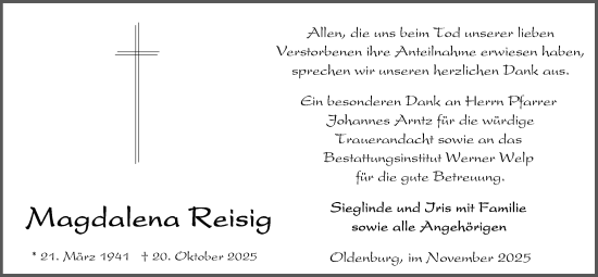 Traueranzeige von Magdalena Reisig von Nordwest-Zeitung