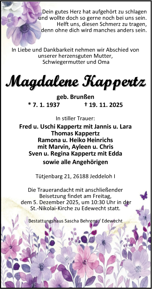 Traueranzeige von Magdalene Kappertz von Nordwest-Zeitung