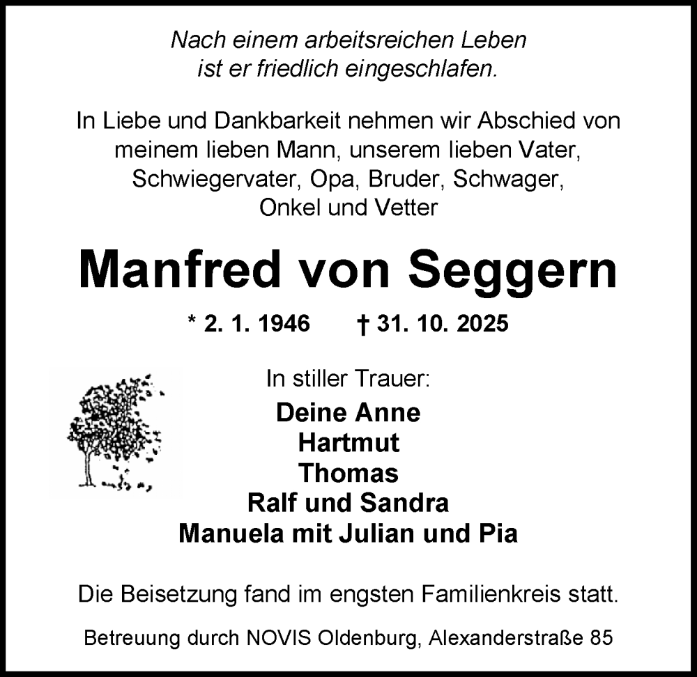  Traueranzeige für Manfred von Seggern vom 29.11.2025 aus Nordwest-Zeitung