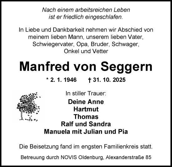 Traueranzeige von Manfred von Seggern von Nordwest-Zeitung