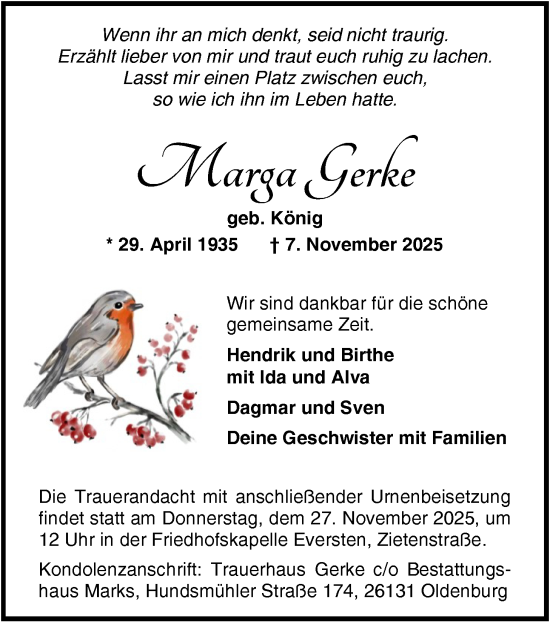 Traueranzeige von Marga Gerke von Nordwest-Zeitung