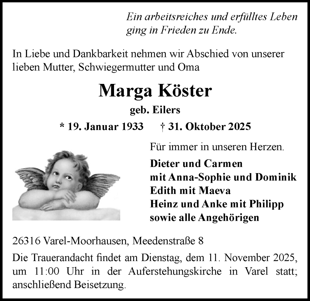  Traueranzeige für Marga Köster vom 04.11.2025 aus Nordwest-Zeitung