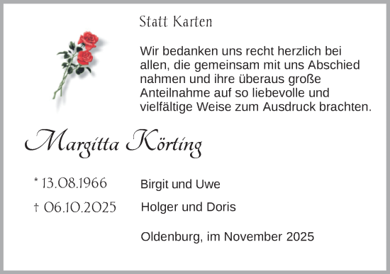 Traueranzeige von Margitta Körting von Nordwest-Zeitung