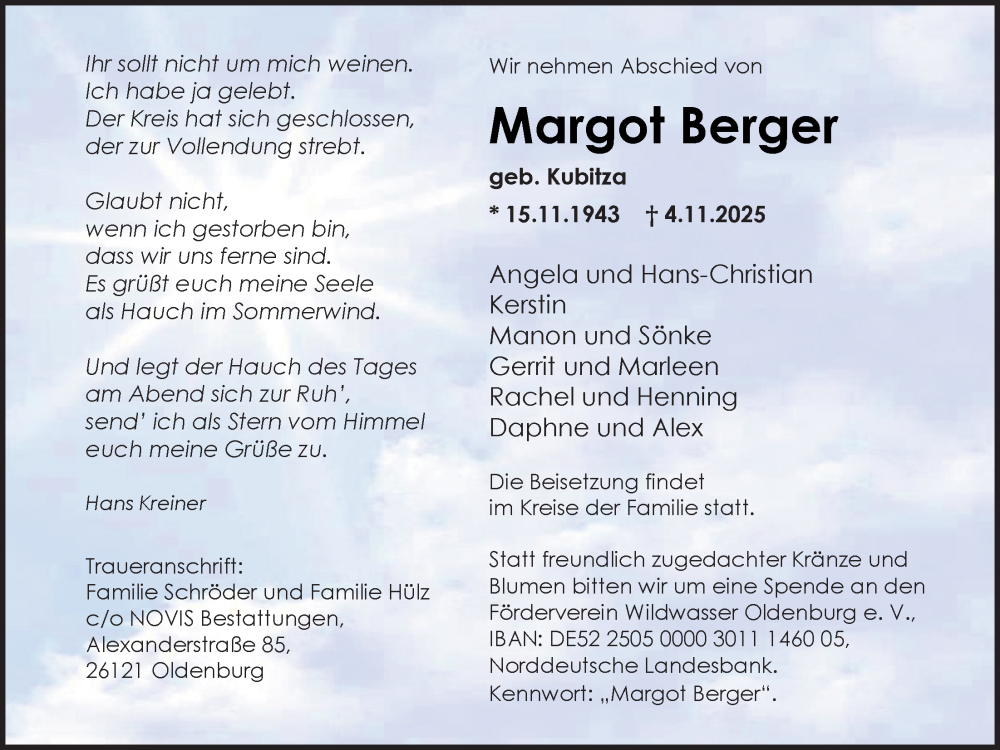  Traueranzeige für Margot Berger vom 08.11.2025 aus Nordwest-Zeitung