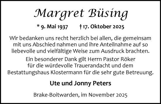 Traueranzeige von Margret Büsing von Nordwest-Zeitung
