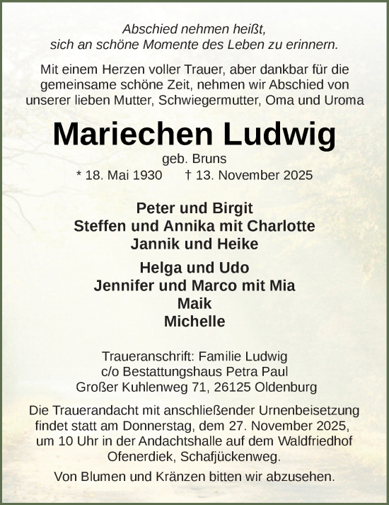 Traueranzeige von Mariechen Ludwig von Nordwest-Zeitung