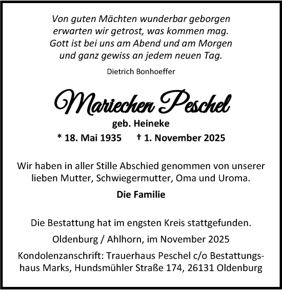 Traueranzeige von Mariechen Peschel von Nordwest-Zeitung