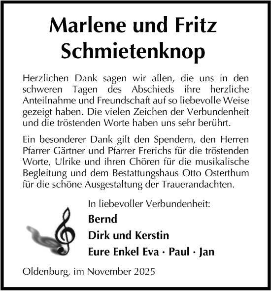 Traueranzeige von Marlene Schmietenknop von Nordwest-Zeitung
