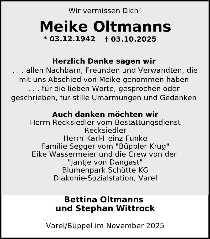  Traueranzeige für Meike Oltmanns vom 29.11.2025 aus Nordwest-Zeitung