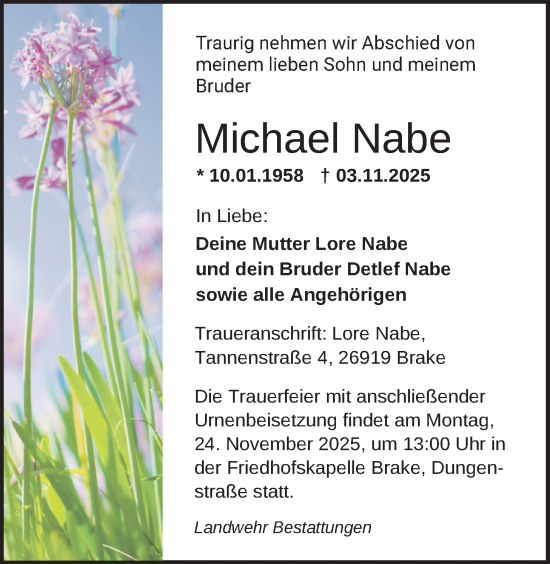 Traueranzeige von Michael Nabe von Nordwest-Zeitung