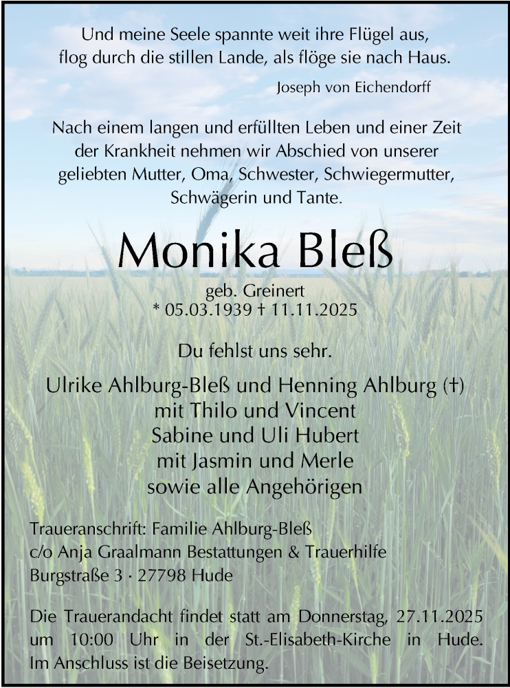  Traueranzeige für Monika Bleß vom 22.11.2025 aus Nordwest-Zeitung