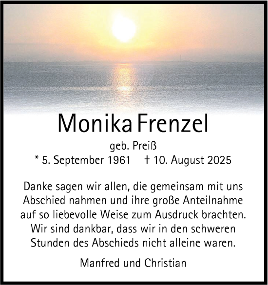Traueranzeige von Monika Frenzel von Nordwest-Zeitung