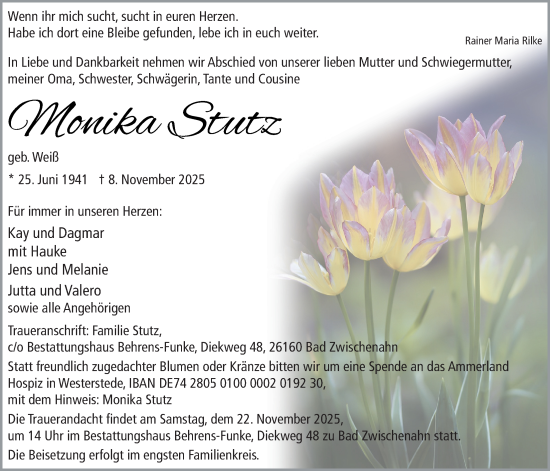 Traueranzeige von Monika Stutz von Nordwest-Zeitung