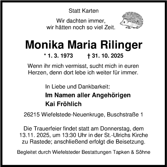 Traueranzeige von Monika Maria Rilinger von Nordwest-Zeitung