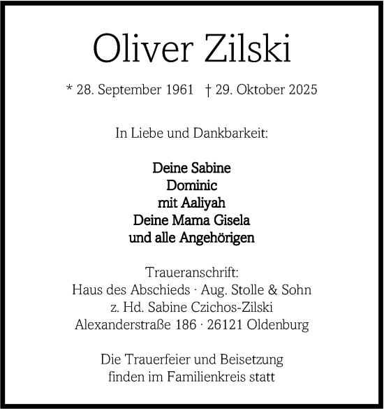 Traueranzeige von Oliver Zilski von Nordwest-Zeitung