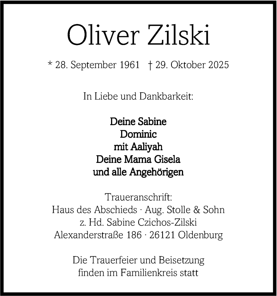  Traueranzeige für Oliver Zilski vom 08.11.2025 aus Nordwest-Zeitung