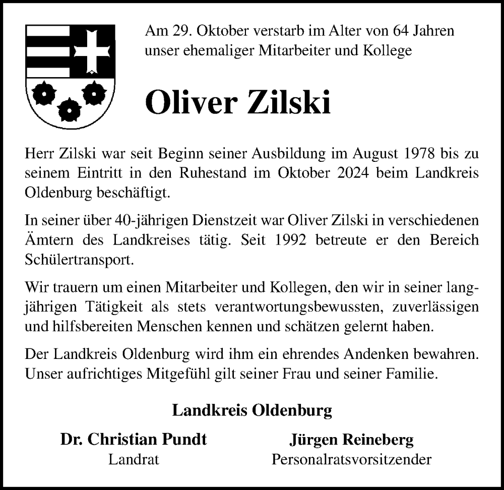  Traueranzeige für Oliver Zilski vom 15.11.2025 aus Nordwest-Zeitung