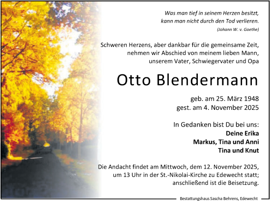 Traueranzeige von Otto Blendermann von Nordwest-Zeitung