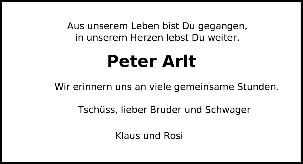  Traueranzeige für Peter Arlt vom 08.11.2025 aus Nordwest-Zeitung