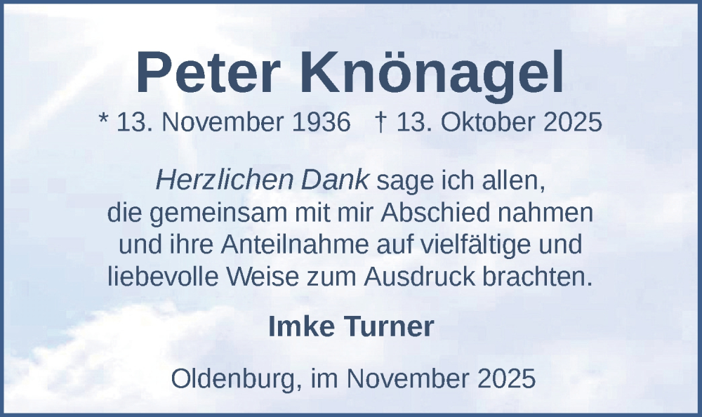  Traueranzeige für Peter Knönagel vom 22.11.2025 aus Nordwest-Zeitung