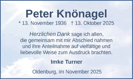 Traueranzeige von Peter Knönagel von Nordwest-Zeitung