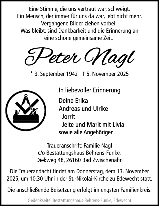 Traueranzeige von Peter Nagl von Nordwest-Zeitung