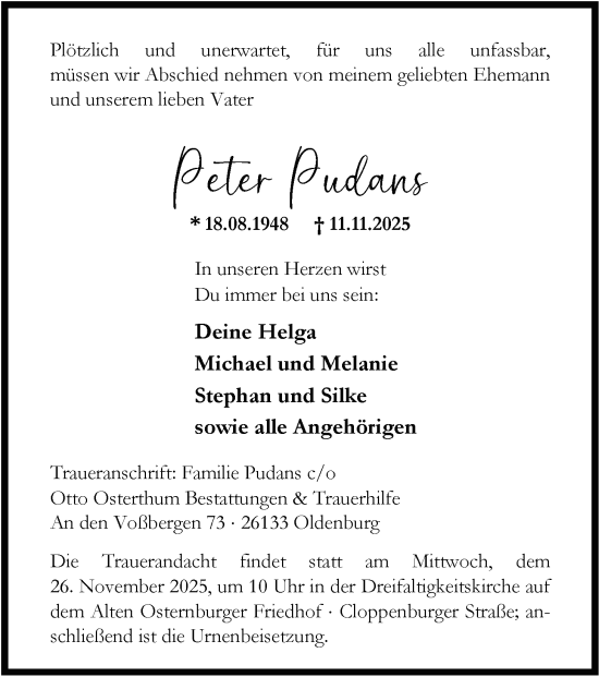 Traueranzeige von Peter Pudans von Nordwest-Zeitung