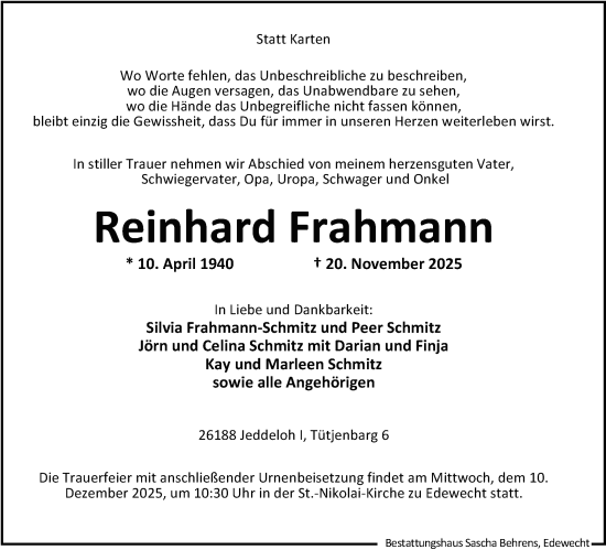 Traueranzeige von Reinhard Frahmann von Nordwest-Zeitung