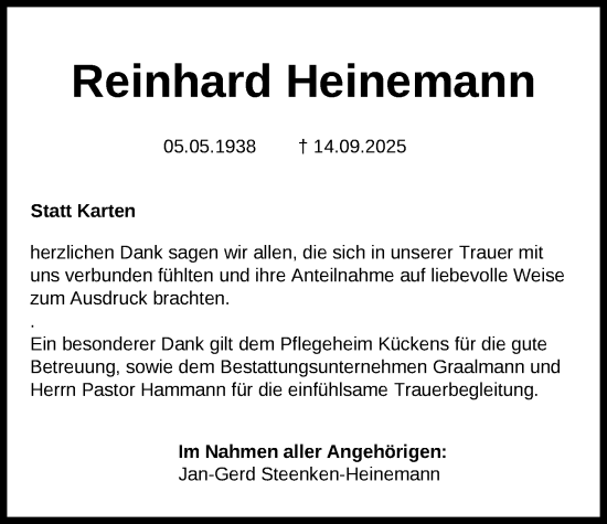 Traueranzeige von Reinhard Heinemann von Nordwest-Zeitung