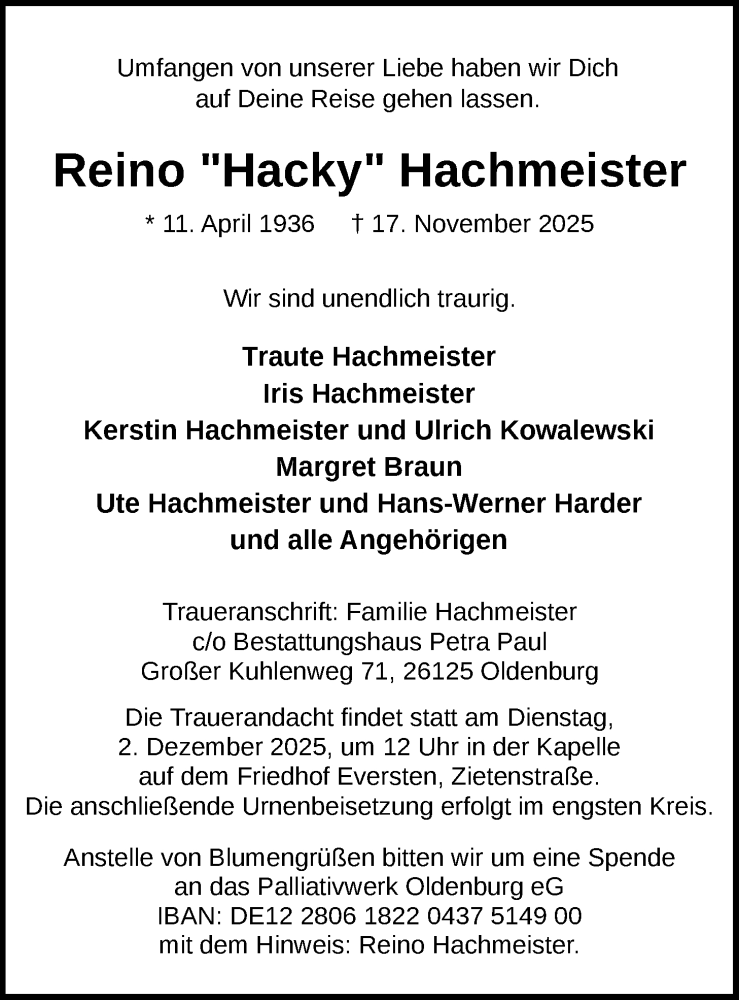  Traueranzeige für Reino Hachmeister vom 22.11.2025 aus Nordwest-Zeitung