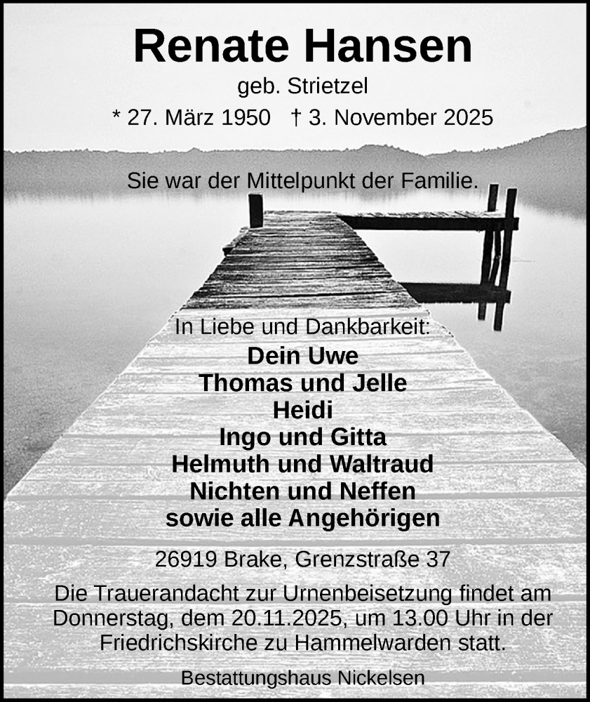  Traueranzeige für Renate Hansen vom 08.11.2025 aus Nordwest-Zeitung