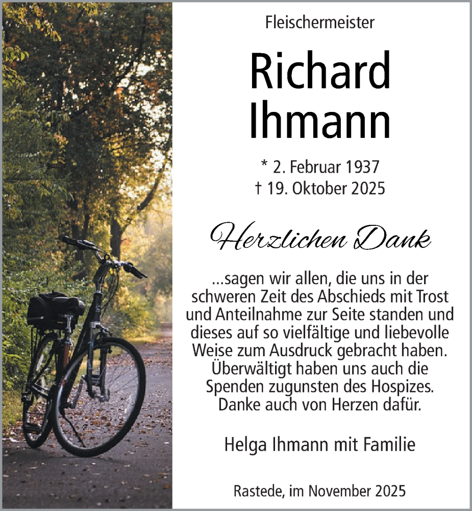  Traueranzeige für Richard Ihmann vom 29.11.2025 aus Nordwest-Zeitung