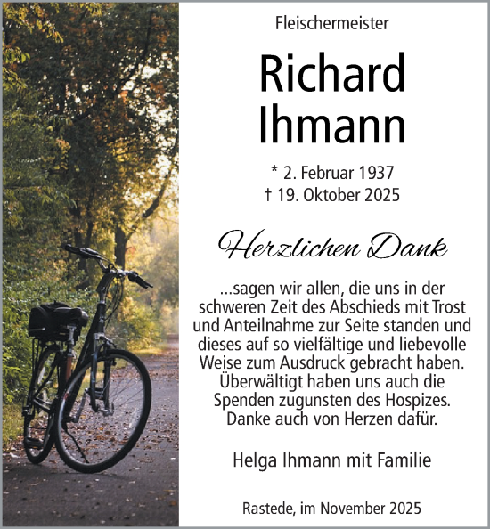 Traueranzeige von Richard Ihmann von Nordwest-Zeitung