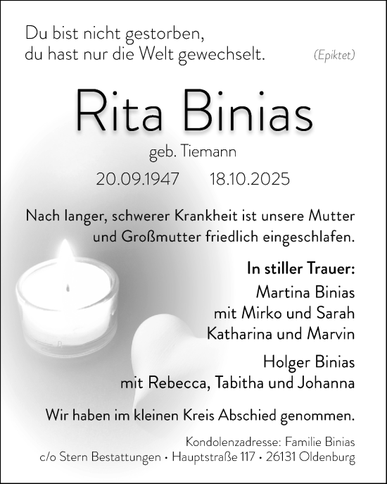 Traueranzeige von Rita Binias von Nordwest-Zeitung
