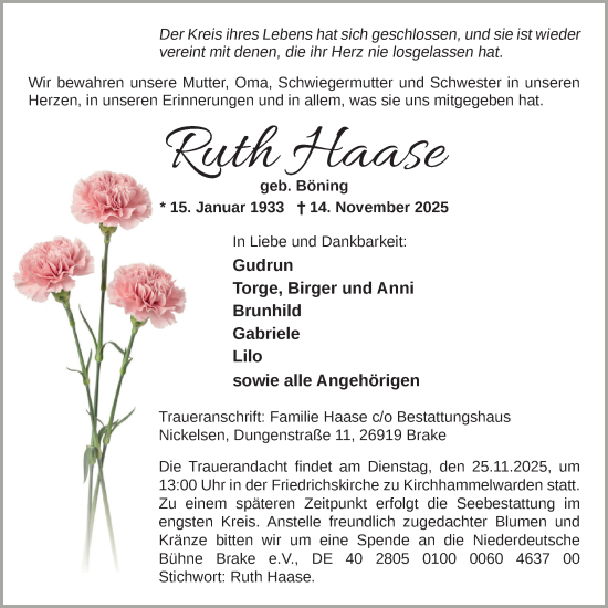 Traueranzeige von Ruth Haase von Nordwest-Zeitung