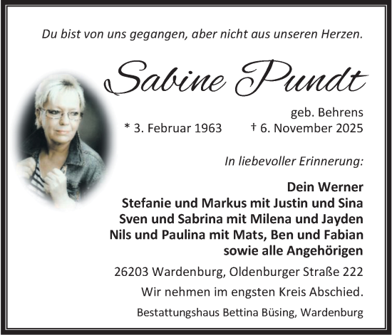 Traueranzeige von Sabine Pundt von Nordwest-Zeitung